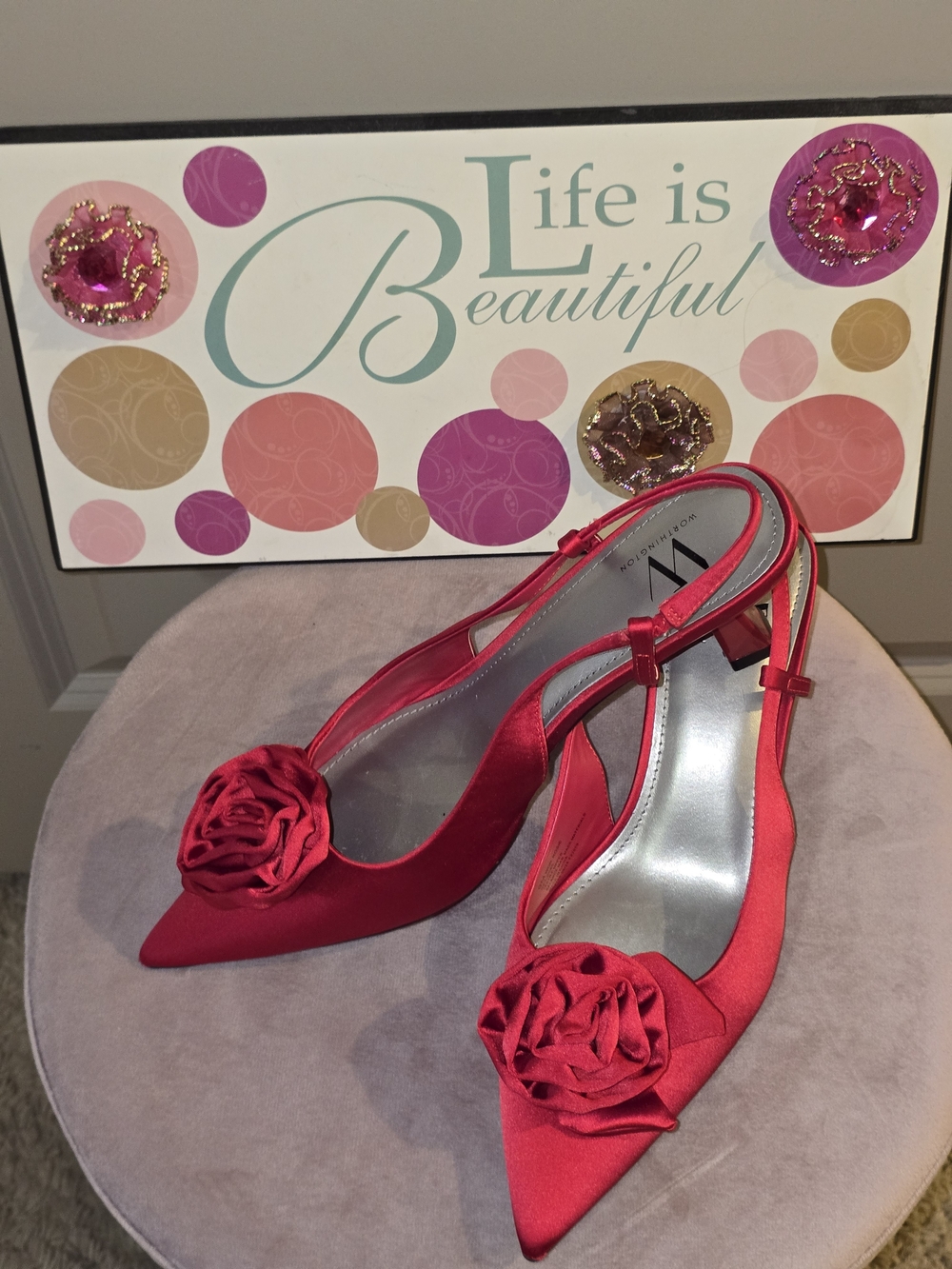 Worthington Red Satin Slingback Pumps with Rosette